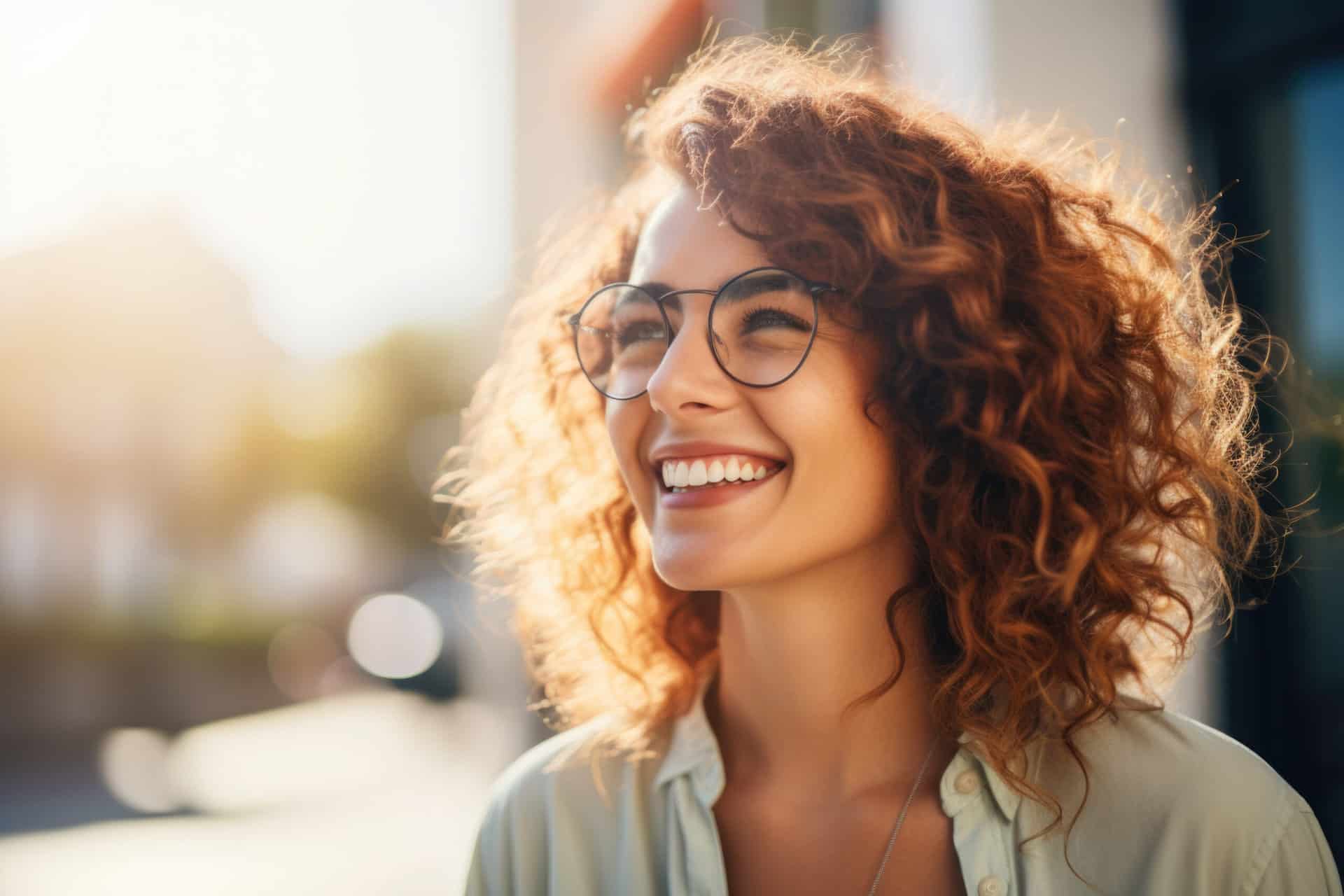 Portrait of happy young woman wearing glasses outdoors - Anthem Oral Surgery